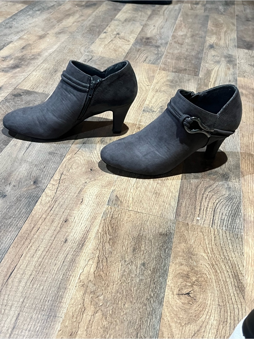 Karen Scott Dark Gray Suede-Look Heeled Ankle Boots with Buckle